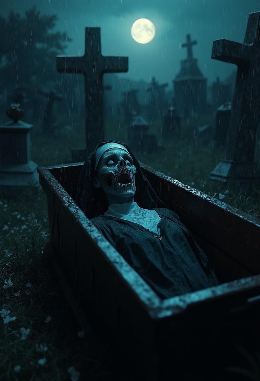 A medium full shot from a bird’s eye view of a **possessed zombie nun** inside an ancient, weathered **coffin** with intricate carvings. The nun's face is detailed, showing a ghastly pallor, sunken eyes with a hint of unholy life, and decayed skin. Her habit is tattered, with remnants of religious symbols now twisted by dark forces.

**Scene Setting:** The scene takes place in a **creepy cemetery** at twilight, where the sky is overcast with menacing storm clouds. The setting is enhanced by:

- **Lighting:** Moonlight filters through the rain, casting long, distorted shadows that dance across the tombstones and the nun's face, creating a chiaroscuro effect that emphasizes the haunting atmosphere.
- **Weather:** A steady, chilling rain falls, contributing to the eerie, haunting mood. Raindrops glisten on the tombstones and the nun's habit, adding to the realism.
- **Atmosphere:** The air is thick with an oppressive, supernatural dread. The sounds of distant thunder and the howling wind underscore the visual elements, creating an immersive, terrifying experience.
- **Composition:** The nun is positioned in the center of the frame, with her body partially emerging from the coffin, her hands clawing at the edges as if trying to escape or beckon. The camera angle is high, giving the viewer a sense of looking down into a scene of horror.

**Artistic Style:** The image should evoke a **Gothic Horror** style, reminiscent of Victorian ghost stories or early horror cinema, with a focus on:
   - **Contrast:** High contrast between the darkness of the scene and the sparse, eerie light sources.
   - **Texture:** Emphasize the rough, moss-covered tombstones, the weathered wood of the coffin, and the decayed fabric of the nun's habit.
   - **Color Palette:** Predominantly dark hues with occasional splashes of muted colors, such as the nun's faded habit or the eerie glow of phosphorescent fungi on the tombstones.

This composition aims to capture a moment of chilling suspense, where the boundary between the living and the undead blurs, creating an image that is both visually captivating and deeply unsettling.