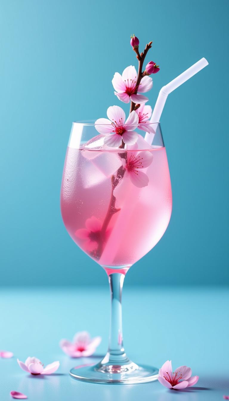 high resolution, real photo, a wine glass, clear pink drink, decorated with a long branch of cherry blossoms in a wine glass,  ice cubes inside, a white straw, a few fallen cherry blossom petals, blue color background, photography studio,
