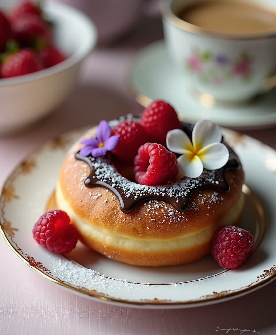 A refined French-style donut with a light, airy texture, similar to a classic beignet, dusted with a generous coating of powdered sugar. The donut is golden and slightly crispy on the outside, with a soft, delicate interior that peeks through. A thin layer of rich, velvety chocolate ganache is drizzled elegantly over the top, and a few fresh raspberries and delicate edible flowers are carefully placed for an added touch of elegance. The donut is served on a fine porcelain plate with a cup of espresso nearby, evoking the charm of a cozy French patisserie.
