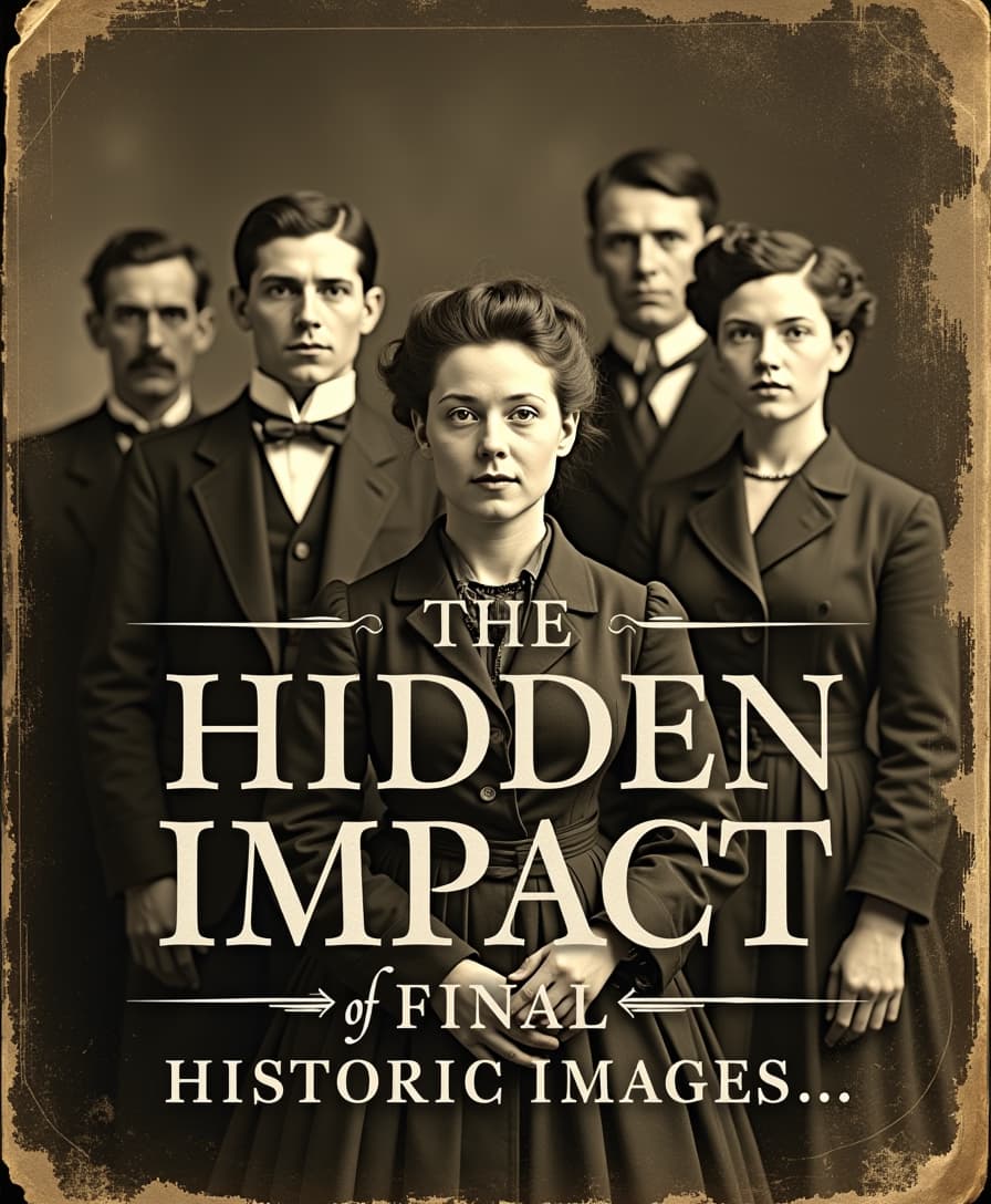 Create a visually striking historic image with a worn, vintage aesthetic, featuring people from the early 1900's looking directly at the camera, with a subtle, outdated photography studio backdrop. The people should be dressed in attire reminiscent of the era, with subtle texture and distressing effects, such as faint scratches, crinkles, and subtle sepia toning, to evoke a sense of nostalgia and timelessness. In the foreground, overlay the thought-provoking phrase: "The Hidden Impact of Final Historic Images" in bold, serif font, with the title "The Hidden Impact" in a larger, bolder font (approximately 48-50 points) with a subtle drop shadow, and the subtitle "of Final Historic Images..." in a slightly smaller, yet still bold, font (approximately 36-40 points).