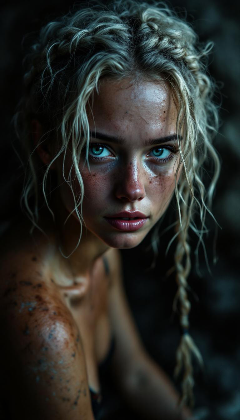 A gritty, high-contrast cinematic keyframe of an attractive young woman with a round, tear drop face and long curly white blond hair in a messy braid (dimpled cheeks and chin), working in the mines, sweating, bra made of a cloth wrap, with a shallow depth of field, featuring a blurred background and a subject in focus, evoking a sense of intimacy and drama. Inspired by the works of Maciej Kuciara, Jama Jurabaev, and Wojtek Fus, this image blends the richness of cinematic color grading with the timeless charm of film photography. The color palette is a mix of deep, muted tones with bursts of vibrant colors, reminiscent of Kodak Porta 400 and Cinestill 800 film stocks. The lighting is moody and cinematic, with subtle vignette and bokeh effects that draw the viewer's attention to the subject. The overall aesthetic is filmic, with a grainy texture that adds to the image's emotional depth. The composition is carefully balanced, with negative space used effectively to create a sense of tension and atmosphere.