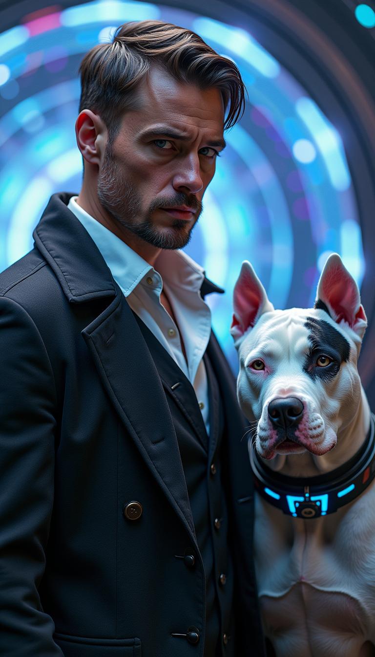 A rugged yet elegant British time traveler from London, wearing a once-formal three-piece suit that is now torn, dirty, and slightly damaged from his dangerous journey through time. His white dress shirt is slightly unbuttoned, his dark vest is scuffed, and his tailored overcoat has signs of wear—dust, scratches, and small tears from past encounters. His face has light stubble, piercing blue eyes, and a determined yet haunted expression. A faint scar runs across his cheek, and his hands show signs of hardship. His metallic wrist device, glowing with blue circuits, hints at advanced time-travel technology.

Beside him stands his loyal white pitbull with a distinct big black spot around one eye, muscular and protective. The dog has slightly unkempt fur from their travels, wearing a high-tech cybernetic collar with glowing blue lights, signaling a mysterious connection to the time machine. His expression is both fierce and intelligent, always ready to defend his master.

The setting is cinematic, with a sci-fi time-travel energy vortex swirling behind them, casting neon blue and purple light. The atmosphere is mysterious, filled with hints of danger and adventure. Ultra-detailed, hyper-realistic, cinematic lighting, 8K resolution, dramatic storytelling composition