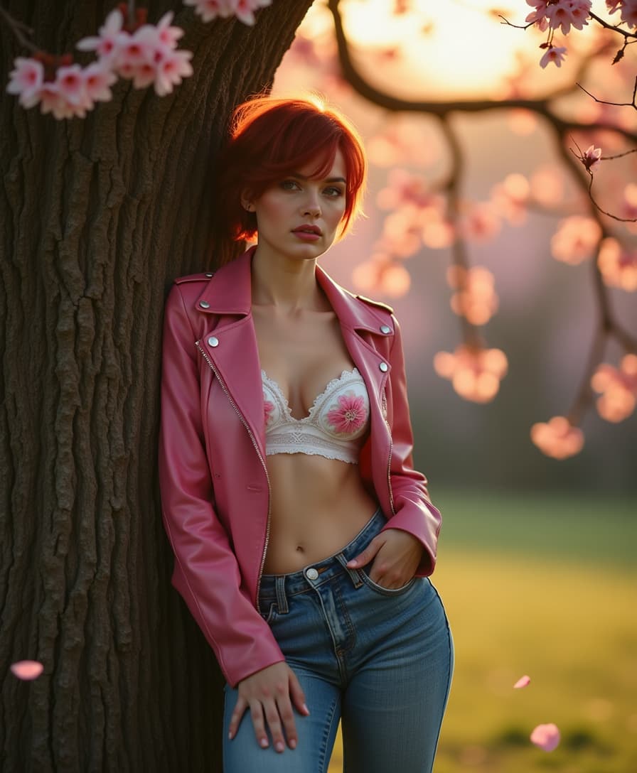 A cinematic scene of a 40-year-old woman, hourglass figure, with short, tousled dark red hair, her posture exuding both confidence and serenity as she leans gracefully against a large, ancient oak tree. One foot is delicately perched on the trunk. She wears white lingerie with intricate pink cherry blossom appliqués, paired with a luxurious pink leather jacket and faded blue jeans that hint at a casual, yet sophisticated style. The golden late afternoon sunlight filters through the dense forest canopy, casting a moody, dreamy glow that illuminates the cherry blossoms and creates a chiaroscuro effect around her. The scene is captured from a mid-distance with a slightly Dutch angle, adding dynamic tension and drama to the composition. Cherry branches artfully frame the shot, with petals falling softly, creating a gentle bokeh in the foreground. Selective focus is employed to emphasize her serene, confident gaze, with a shallow depth of field that blurs the edges, enhancing the ethereal quality of the moment. The overall mood is one of quiet introspection, set in the magical hour just before sunset, where the light casts long, soft shadows and the air is filled with the scent of spring.