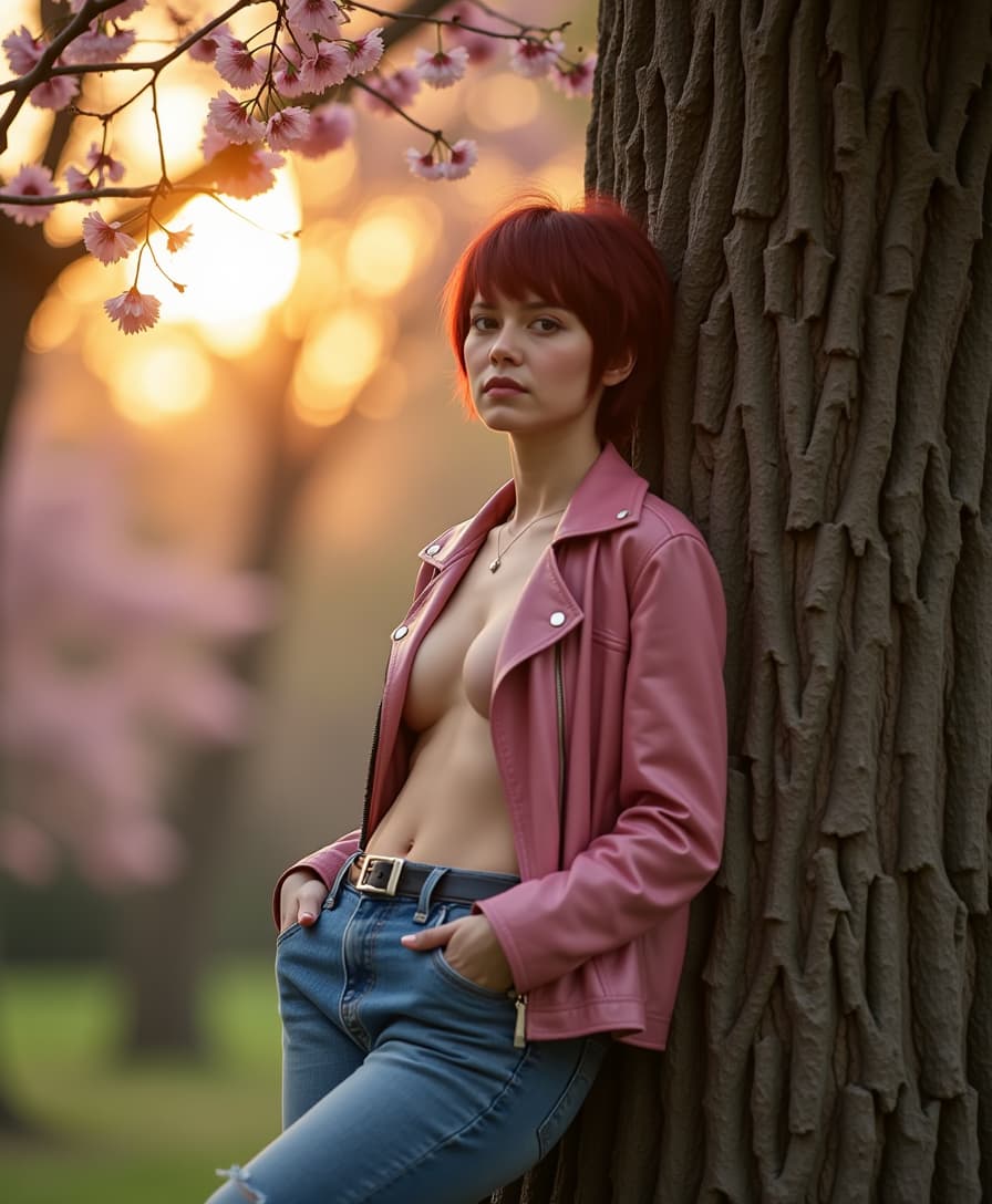 A cinematic scene of a 40-year-old woman, topless, chubby figure, with short, tousled dark red hair, her posture exuding both confidence and serenity as she leans gracefully against a large, ancient oak tree. One foot is delicately perched on the trunk. She wears luxurious pink leather jacket and faded blue jeans that hint at a casual, yet sophisticated style. The golden late afternoon sunlight filters through the dense forest canopy, casting a moody, dreamy glow that illuminates the cherry blossoms and creates a chiaroscuro effect around her. The scene is captured from a mid-distance with a slightly Dutch angle, adding dynamic tension and drama to the composition. Cherry branches artfully frame the shot, with petals falling softly, creating a gentle bokeh in the foreground. Selective focus is employed to emphasize her serene, confident gaze, with a shallow depth of field that blurs the edges, enhancing the ethereal quality of the moment. The overall mood is one of quiet introspection, set in the magical hour just before sunset, where the light casts long, soft shadows and the air is filled with the scent of spring.