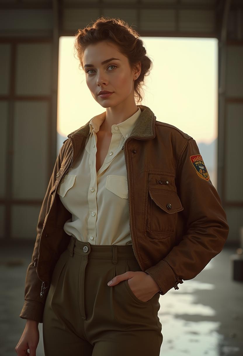 A stunning portrait of a young woman, **Five**, slipping into a **vintage pilot’s uniform** from the 1940s, capturing the essence of wartime romance. Her **trousers** are tailored to fit snugly around her hips, accentuating her silhouette with a high-waisted, classic cut. The **shirt**, made of crisp, slightly sheer white cotton, clings to her frame, left undone at the top to reveal the delicate curve of her collarbone . Over this, she wears a **flight jacket** that is slightly oversized, with the sleeves just brushing her wrists, enhancing the allure of her slender frame. The jacket is weathered, with patches and insignia that tell tales of past flights, its fabric rich in texture and history.

**Visual Details:**
- **Colors:** The uniform is in shades of khaki and olive drab, contrasted by the white shirt. The jacket's leather has a deep, warm brown hue, showing signs of wear and tear.
- **Lighting:** Soft, golden-hour lighting illuminates her from one side, creating a gentle glow that highlights the contours of her face and the texture of the jacket, while casting soft shadows that add depth and dimension.
- **Details:** The buttons on her shirt are mother-of-pearl, catching the light with a subtle shimmer. Her hair is styled in victory rolls, framing her face with soft, loose curls. Her eyes are bright, reflecting the adventure she's about to embark on.

**Style:**
- The image is rendered in the style of a **vintage propaganda poster**, with a touch of romanticized realism reminiscent of **Norman Rockwell**, capturing the idealized beauty and heroism of wartime pilots.

**Composition:**
- **Framing:** She stands slightly off-center, facing the camera with a playful yet confident expression, her body turned to show off the fit of the uniform. The background is a simple, muted hangar with an open doorway, suggesting the vast sky beyond.
- **Camera Angle:** Shot from a low angle, giving her a heroic stature, as if she's stepping into her role as a pilot.

**Mood and Atmosphere:**
- The scene exudes a **romantic nostalgia** for a bygone era, with a sense of anticipation for the adventures ahead. The atmosphere is light, airy, with a touch of the crispness that comes with early morning or late afternoon light.

**Technical Aspects:**
- **Depth of Field:** The focus is sharp on her,