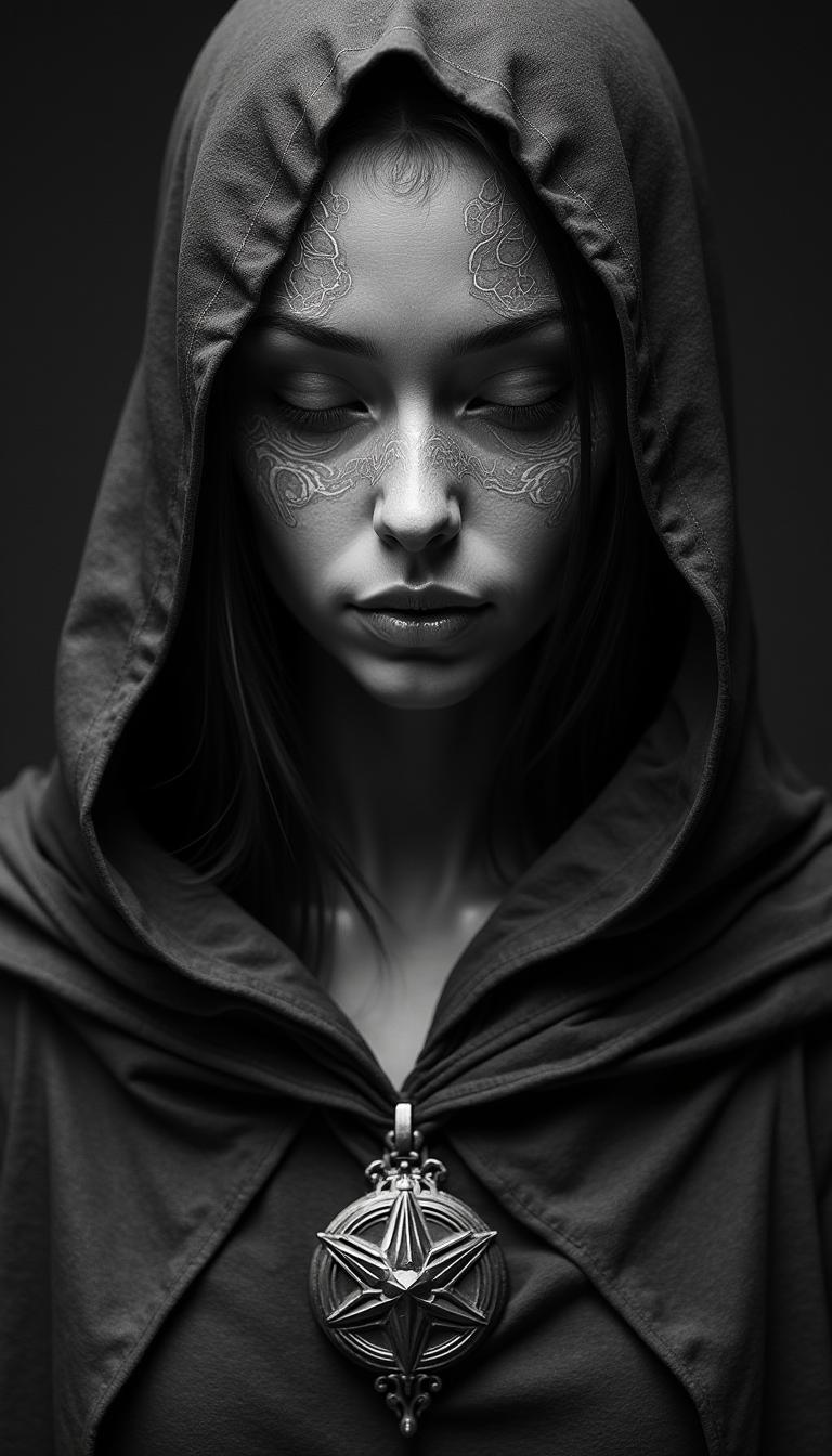 Close-up grayscale portrait of a mysterious figure, likely female,  with an ethereal, almost sculpted visage.  Intricate, swirling patterns resembling marbled stone or ink create texture on the face and cloak,  giving an otherworldly, ancient quality. The figure's expression is contemplative, almost melancholic, with a subtle downward tilt of the head and eyes.  The attire is a dark, flowing robe or cloak,  draped with deep shadows and folds, suggestive of a heavy fabric with a rough texture.  A stylized, silver-gray emblem resembling a star or celestial body is centered on the chest.  The lighting is dramatic, focusing on the face and accentuating the deep shadows.  The composition is a tight, detailed close-up, highlighting the subject's facial features and the intricate patterns on her cloak.  The overall style is dark, atmospheric, and suggestive of a mystical or fantasy artwork.  High detail, cinematic lighting,  dark monochrome style.