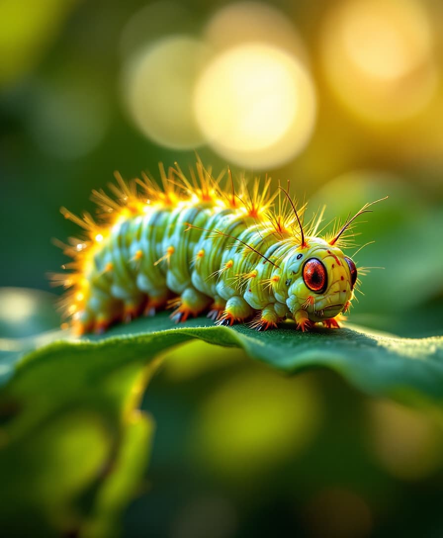 A stunning 4K ultra HD full-body image of a caterpillar crawling on a vibrant green leaf. The caterpillar has intricate patterns, fine hairs, and vivid colors, showcasing natural textures and lifelike details. Its segmented body features soft, velvety textures with subtle light reflections. The background is a softly blurred natural setting with warm sunlight filtering through foliage, creating a hyper-realistic, cinematic feel. Ultra-high detail, perfect lighting, and depth of field enhance the realism.