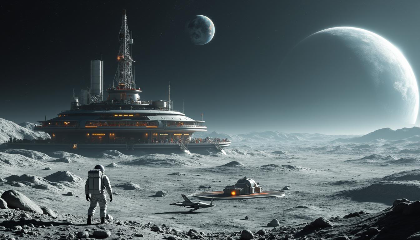 landscape on the moon in the distance you can see the planet Earth. We are standing on an edge of huge crater. There is huge lunar base in this crater. In this lunar base there is a station for refueling spaceships, hangars for repairing spaceships and small warehouses for storing goods transported by spaceships. The lunar base also has a mast with antennas for communication. There are solar panels that give power to the station. You can see small spaceships flying around and some of them are landing at the pads in that lunar base.