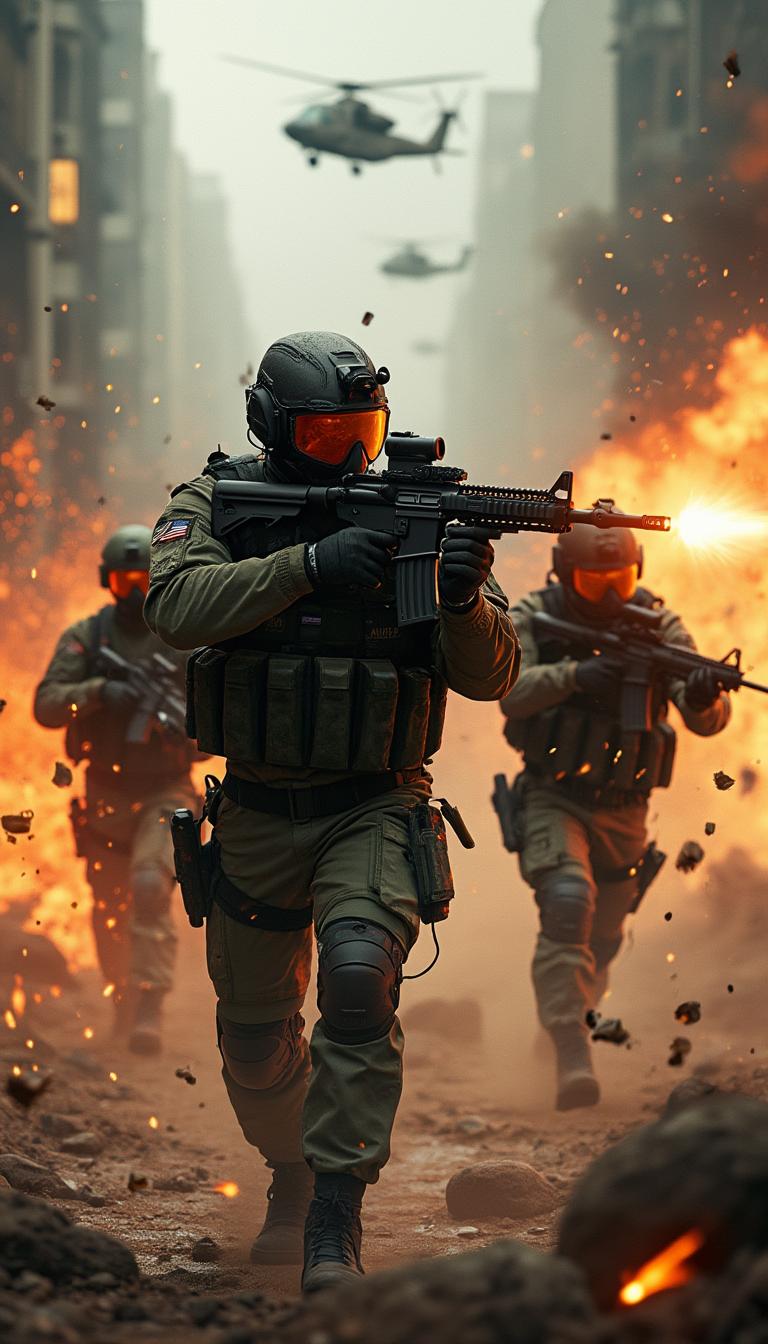 Create a high-intensity military battlefield background inspired by Delta Force. The scene should have a modern warfare atmosphere, featuring elite special forces soldiers in advanced tactical gear, moving through a war-torn urban environment with smoke, fire, and debris in the air. The color palette should include dark green, black, and metallic gray, with fiery orange explosions and glowing digital HUD elements for a high-tech military feel. Soldiers should wear high-tech helmets, night vision goggles, and body armor, carrying futuristic firearms. The environment should be dusty and chaotic, with helicopters flying in the background, gunfire sparks, and bullet trails for added action. Include subtle rain or fog effects to enhance the intense battlefield atmosphere. This background should evoke the feeling of modern warfare, strategy, and elite military operations, making it perfect for an FPS gaming theme.