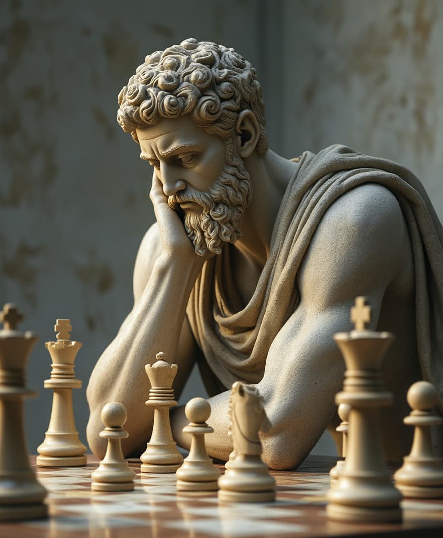 a stunning chess art with a limited but light color pallet.a stone like  stoic Marcus Aurelius playing chess alloking at his pieces thinking about his next move,