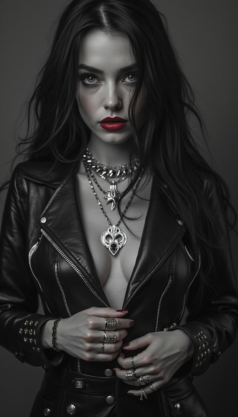 Centered, Noir poster, full body shot from head to toe of stunning escort girl in a leather outfit, gothic punk, Chiaroscuro, nearly black and white with red lips, Gothic fantasy, rings, bracelets, necklaces, chains, massive jewelry, leather outfit, an image in the artistic style of Frank Miller and Robert Rodriguez, professional photography, magnificent, alluring and attractive image, a combination of dark fantasies and gangsters, long loose hair, UHD, perfect body and eyes, wide-open pupils, sharp gaze, dark lips, light teasing smile, perfect, strict, flawless face, makeup, gloomy fantasy, overly detailed. , centered, wide angle lens, panoramic,