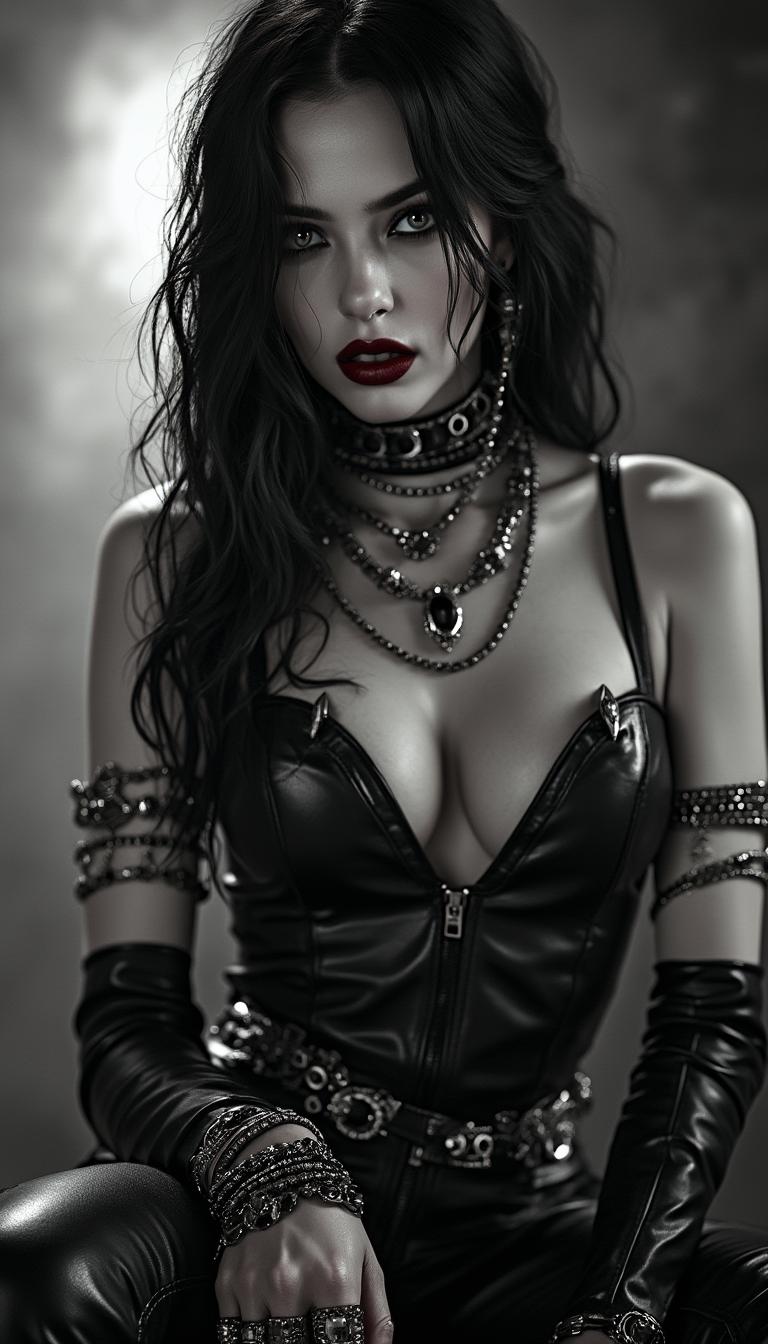 Centered, Noir poster, full body shot from head to toe of stunning escort girl in a leather outfit, gothic punk, Chiaroscuro, nearly black and white with red lips, Gothic fantasy, rings, bracelets, necklaces, chains, massive jewelry, leather outfit, an image in the artistic style of Frank Miller and Robert Rodriguez, professional photography, magnificent, alluring and attractive image, a combination of dark fantasies and gangsters, long loose hair, UHD, perfect body and eyes, wide-open pupils, sharp gaze, dark lips, light teasing smile, perfect, strict, flawless face, makeup, gloomy fantasy, overly detailed. , centered, wide angle lens, panoramic,