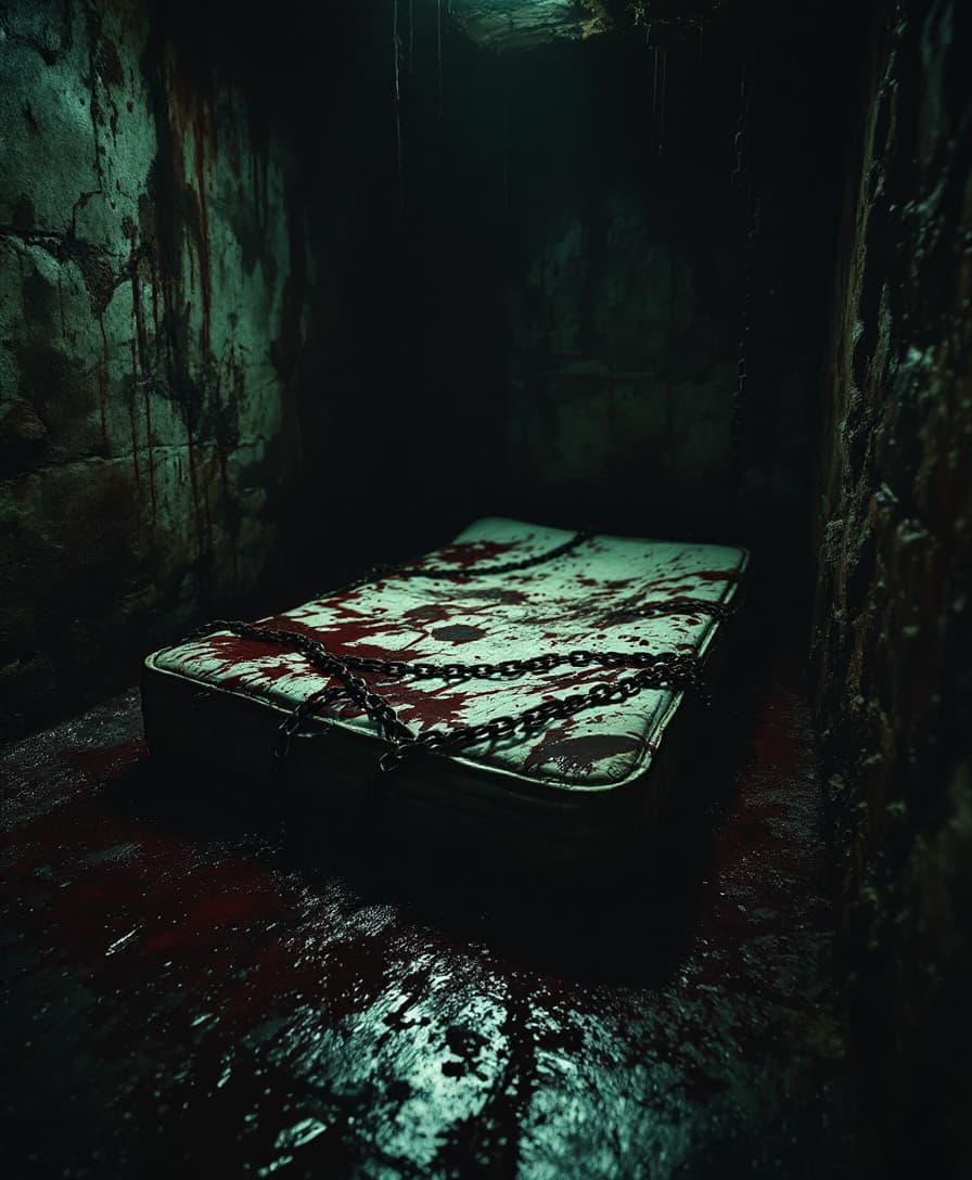 Cinematic dark and horrific scenery, a very old, dirty and bloody mattress lying in a dark cellar. Old rusted chains around the mattress. damp and moldy stone walls and floor. blood splashes on wall and floor. Very dark and low light, grainy film look. Titled with "Cold Case"
