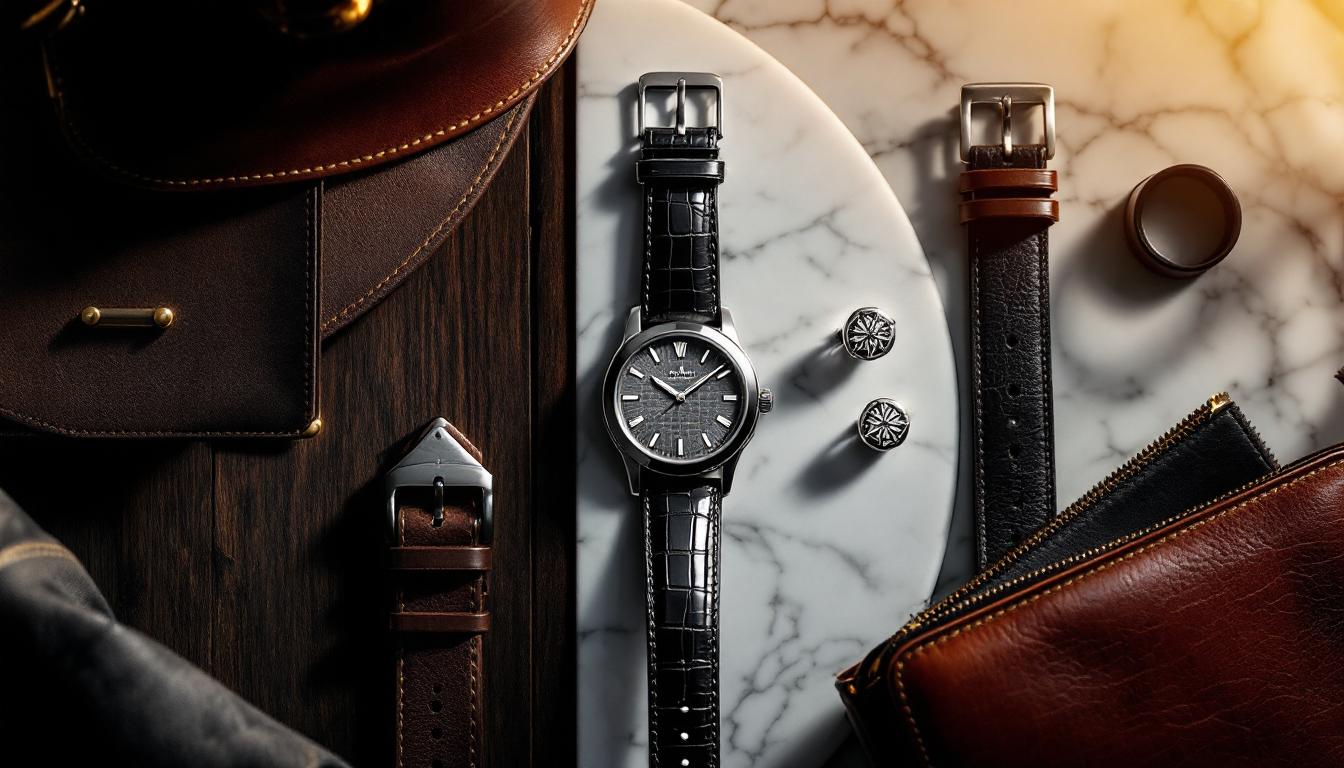 A majestic, high-contrast photograph of a sophisticated flat-lay arrangement showcasing the epitome of men's luxury accessories, set against a rich, dark brown, polished wooden background or a sleek, white Carrara marble surface, evoking a sense of refinement and opulence. At the center, a sleek, silver-toned luxury watch with a subtlepatterned dial and a supple, black alligator leather strap, adjacent to a structured, dark brown leather bag with a polished silver clasp and subtle, gold-toned accent stitching, nestled beside a slender, matte-finish belt in a deep, rich brown color, adorned with a sleek, silver-toned buckle. Completing the ensemble, a pair of elegant, silver-toned cufflinks with intricate, geometric engravings, adding a touch of sophistication to the overall composition. The entire arrangement is bathed in soft, warm, golden light, highlighting the textures and nuances of the luxurious materials, with deep shadows that accentuate the contours and shapes of each accessory, exuding an aura of glamour, refinement, and high-end style.