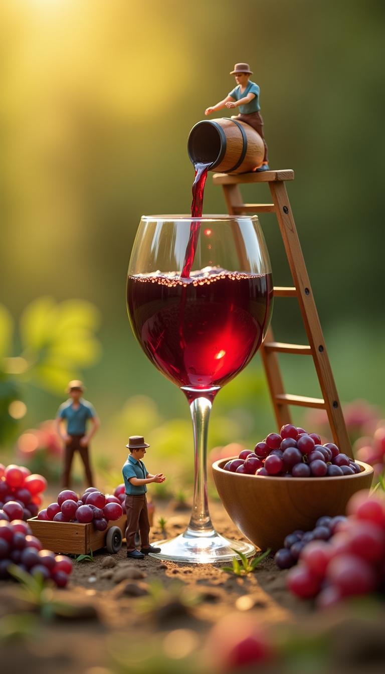 A surreal scene where miniature winemakers create wine and pour it into a glass. Tiny winemakers push wooden carts overflowing with freshly harvested grapes. Nearby, a wooden bowl holds another winemaker who is barefoot, stomping grapes and turning them into grape juice.

Standing separately is an enormous classic wine glass, with a sturdy wooden ladder leaning against it. One miniature winemaker has climbed to the very top and is carefully tilting a small wooden wine barrel, pouring deep red wine into the glass in a thin stream. At the base of the ladder, another winemaker stands with a ready barrel, waiting for his turn to pass it up.

All the winemakers are clearly visible, with well-defined details and expressive faces. Each character is distinct and sharply rendered, with no blurriness. The entire scene is bathed in warm, golden light, creating a cozy yet magical atmosphere. Ultra-detailed, hyper-realistic, 4K.