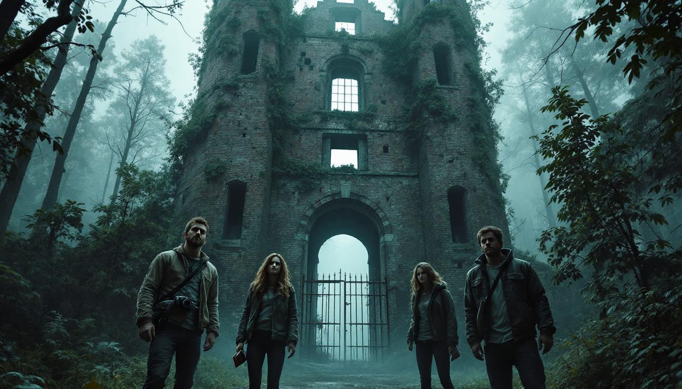 A group of four urban explorers—two men and two women—stand outside a massive, decayed asylum deep in a fog-covered forest. The asylum’s towering structure is crumbling, with vines creeping up its cracked brick walls. The rusted iron gate is slightly ajar, creaking in the wind. Ethan, the leader, holds a camera strapped to his chest, while Mia grips his arm, looking uneasy. Olivia is flipping through an old leather-bound notebook, and James looks skeptical. A faint whisper-like mist curls around them, as if something unseen is watching