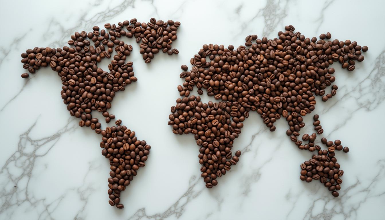 A photo of a world map made from coffee beans, arranged on a white marble surface, high detail, soft shadows.