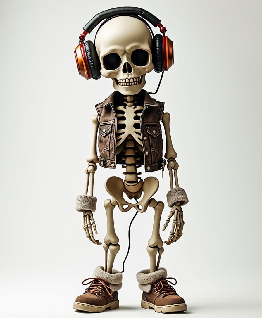 professional photoof a short, cute musician skeleton wearing headphones and streetwear, posing confidently, bold lines, on a clean white background, front-facing pose, photography