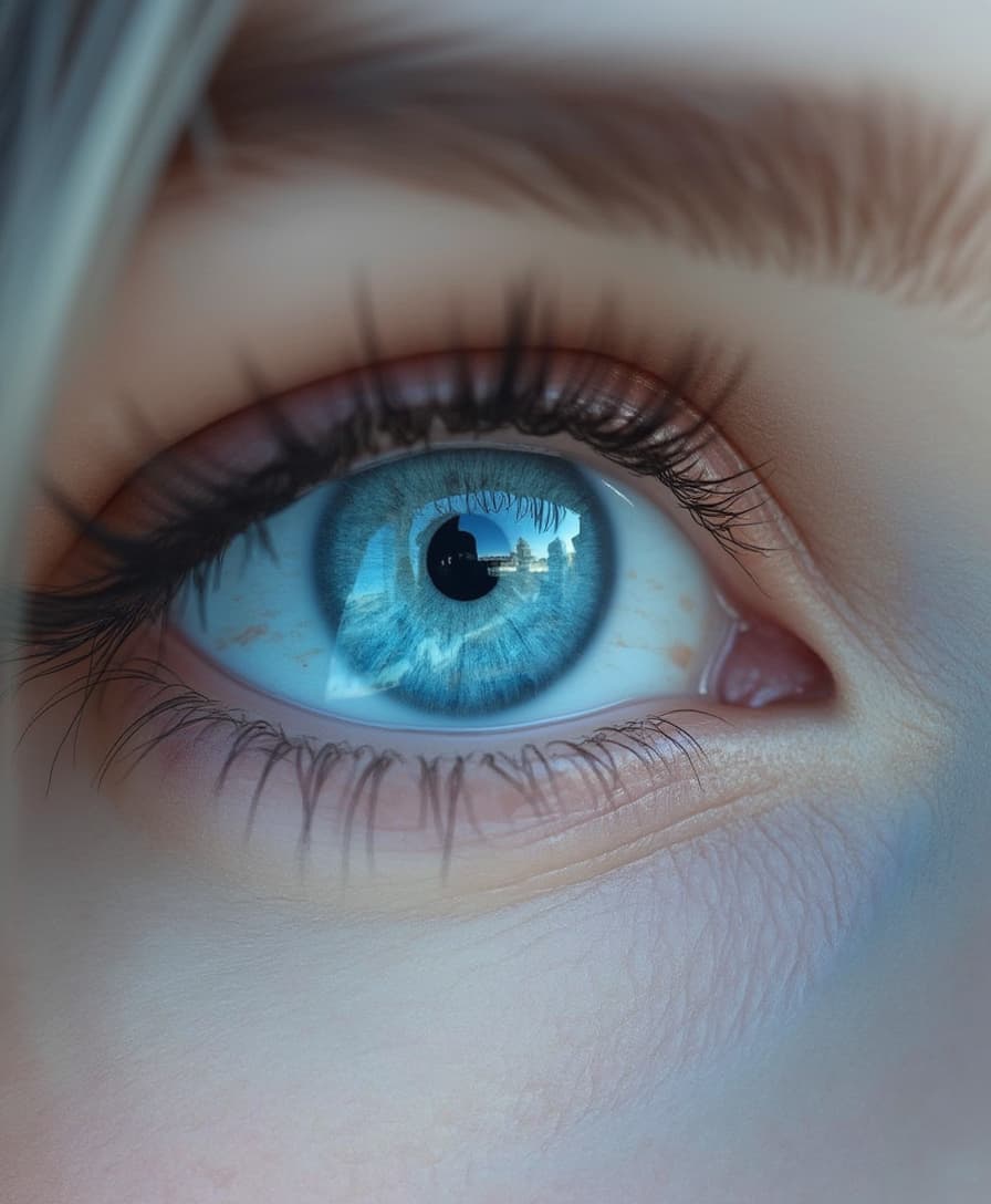 ultra realistic close up of woman's ice blue clear eye