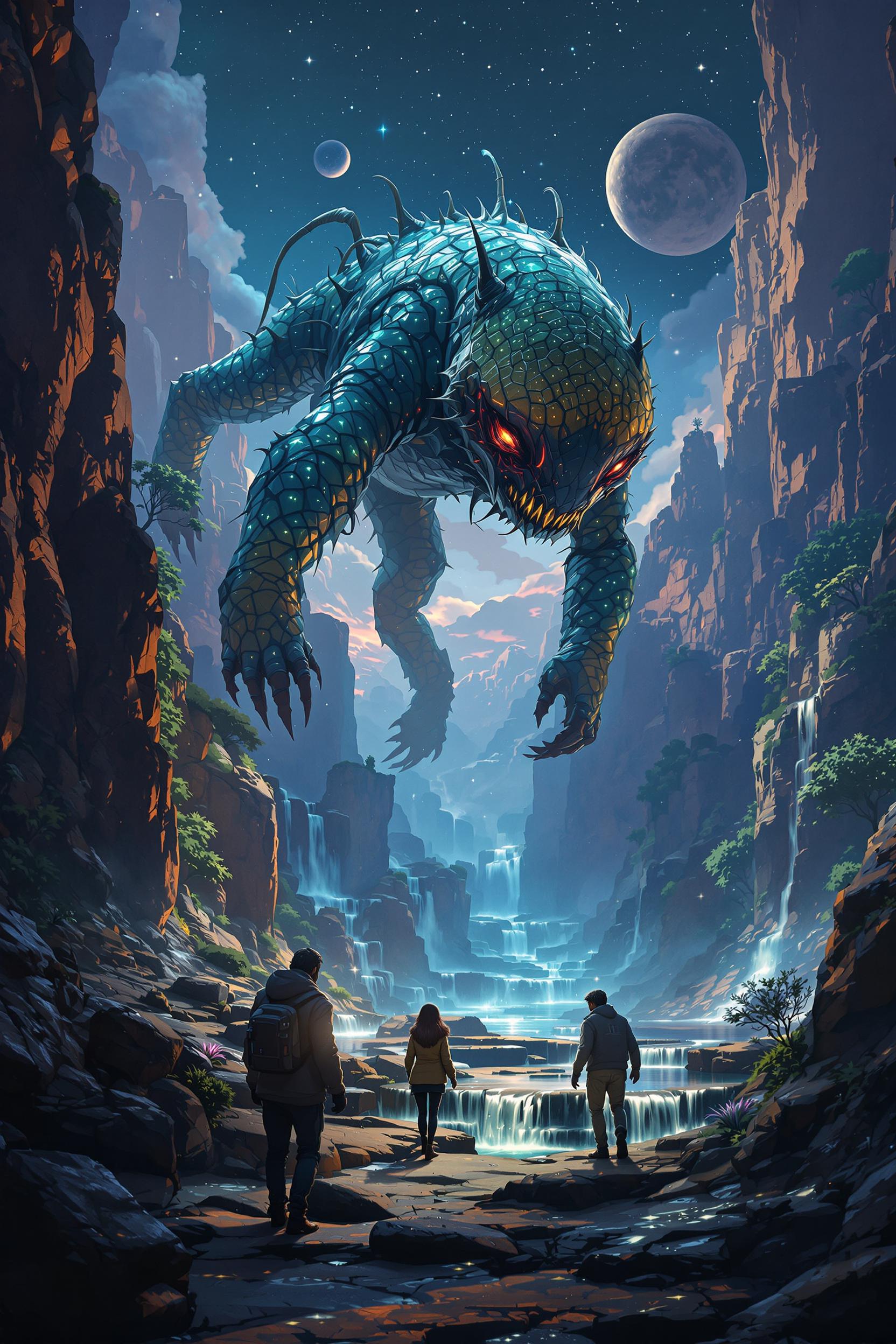 strange and otherworldly scenery on a distant planet, very aesthetic, extremely detailed background, masterwork, perfect proportions, golden ratio, extremely detailed, famous artwork inspired by carl frank and brian froud and dan frazier, cinematic film still, behold the magnificent "friendly spitboggler", a considerable and exceptional species shown here with its bioluminescent hobblegrompf gracefully striding on his enormous legs through his habitat on planet "gazorpazorp viii", its every briscmeggling graceful move casting waves of wonder, in its natural environment consisting of smackwinkeling islands and sparkling ramfumbled waterfalls, aidmaimageupgrader, amanoer, mi2655, an1mel1nes, <lora:image_upgrader-v0.3-flux-by_aidma:0.44> <lora:style-yoshitaka_amano-elden_ring-flux-by_alicient:0.4> <lora:style-retro_anime-flux-by_lizardman245:0.6> <lora:style-ethereal_dark-midjourney-flux-by_gedogfx:0.32> <lora:style-mythic_fantasy-anime_lines-flux-by_velvets:0.52>