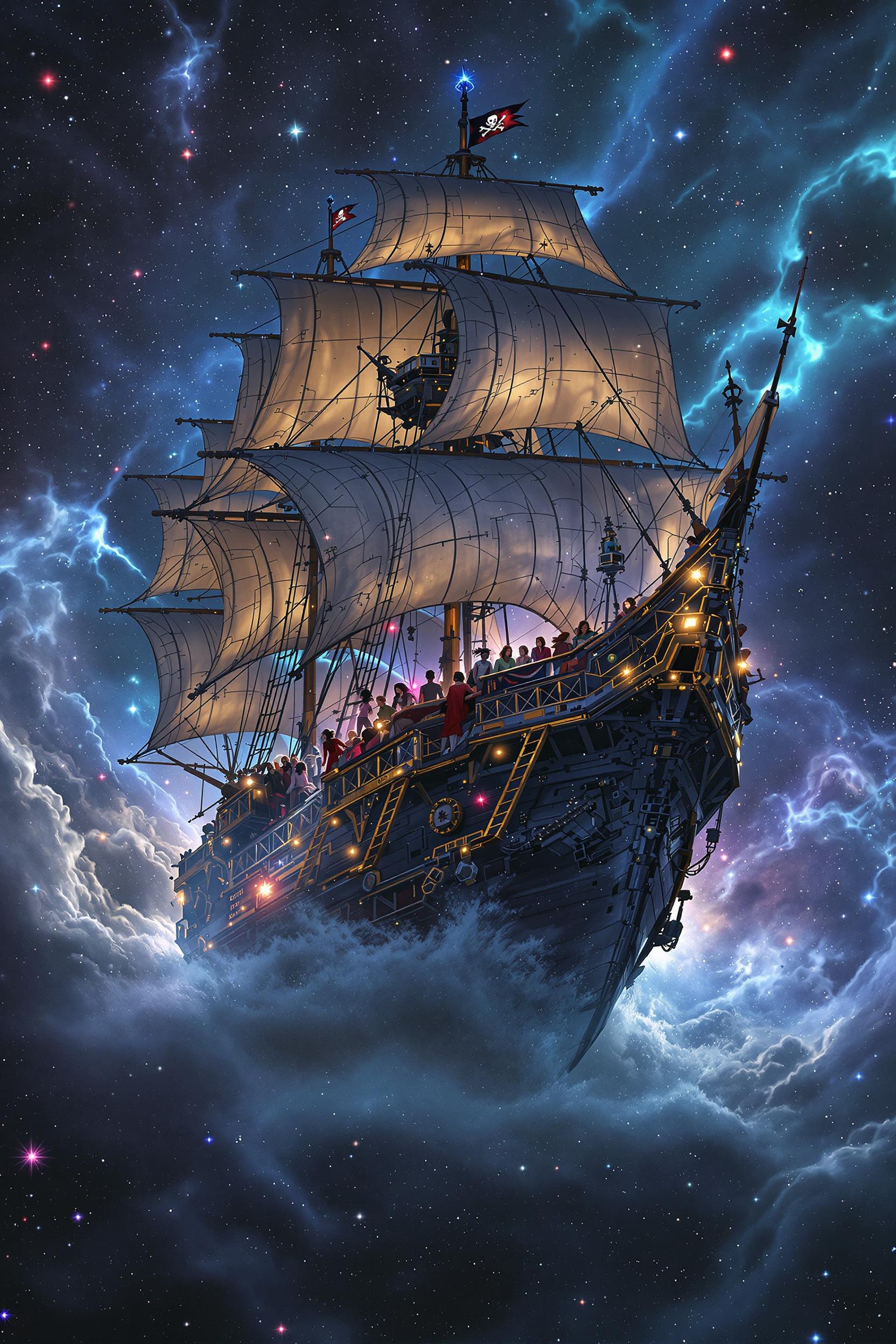 women in peril, aidmaimageupgrader, a high quality digital image of a metagalactic pirate ship traveling through hyperspace, born of science