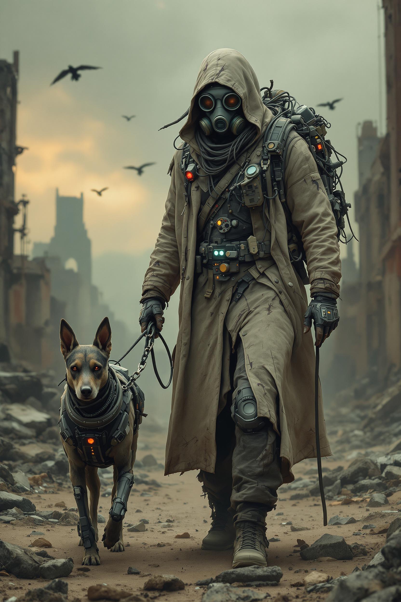 Post-apocalyptic wanderer in a long, worn, dirty, light coat, gas mask with goggles with a backpack full of cables and glowing diodes, leads a cybernetic dog on a chain. The environment is the ruins of a city with collapsed buildings, rusty structures and vultures against the background of a dusty sky. The wanderer has combat equipment, gloves and wires around his neck, and the dog wears armor with electronics. ultra-detailed ultra-photographic image oil paints hd and 8k.