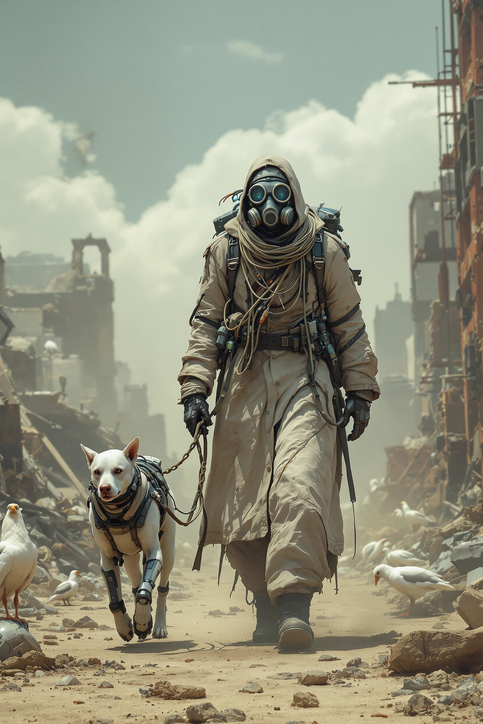Post-apocalyptic wanderer in a long, worn, dirty, light coat, gas mask with goggles with a backpack full of cables and glowing diodes, leads a cybernetic dog on a chain. The environment is the ruins of a city with collapsed buildings, rusty structures and vultures against the background of a dusty sky. The wanderer has combat equipment, gloves and wires around his neck, and the dog wears armor with electronics. ultra-detailed ultra-photographic image oil paints hd and 8k.