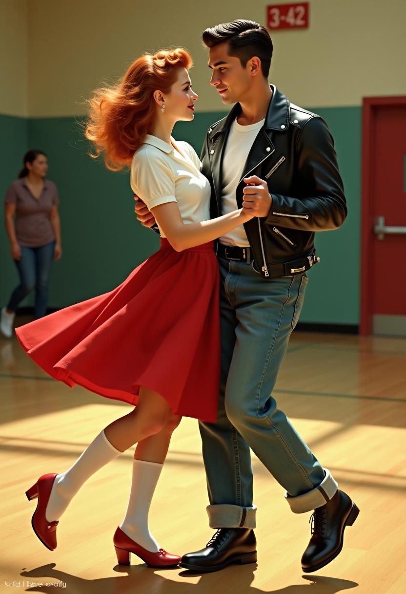 Airbrush art, 3D art. A realistic image (from Vogue Art magazine) of a lovely girl with 1950s-style red hair, white socks without shoes, a white blouse, a red poodle skirt, and stockings. She is dancing with a boy wearing a black leather motorcycle jacket, rolled-up jeans, a snow-white T-shirt, and jet-black, slicked-back hair. In the background, a 1950s-style high school gymnasium can be seen. Similar to Katrin Wels-Stein.