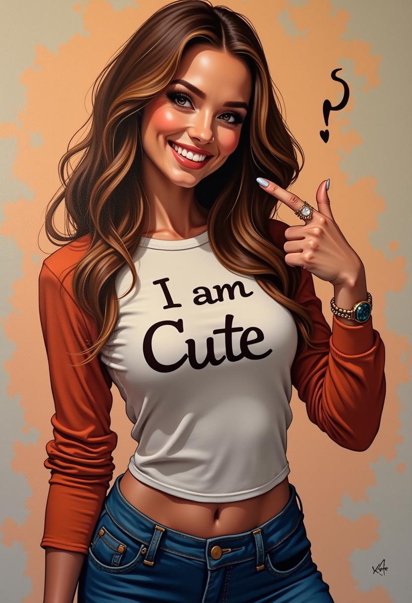 a beautiful smiling woman in very tight shirt with word "I am Cute" print on it, and she is pointing on finger to it, dynamic funny pose, funny cartoonist airbrush acrylic painting by Josephine wall