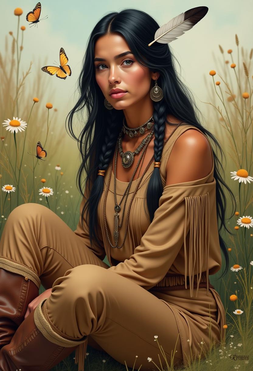 Realistic, Hyper Detailed, Oil Painterly, Glossy, Of a full body Native Indian woman  with dark hair with blonde streaks, feather and braids slightly puffy lips, grey eyes, sitting wearing a tan Native Indian clothing, jewelry, pants boots, BG blur flowers & tiny butterflies.