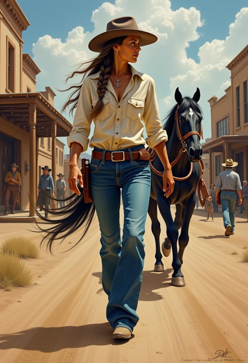 A Wild West scene featuring a female traveler with long braided hair, leading a black horse with a flowing mane, walks down a dusty road in a Western town. She’s dressed in typical cowboy attire, with a hat, a shirt with rolled-up sleeves, jeans, and boots. Oil painting, emotion and expression, narrative, depth, bold and dynamic composition, intricate details.