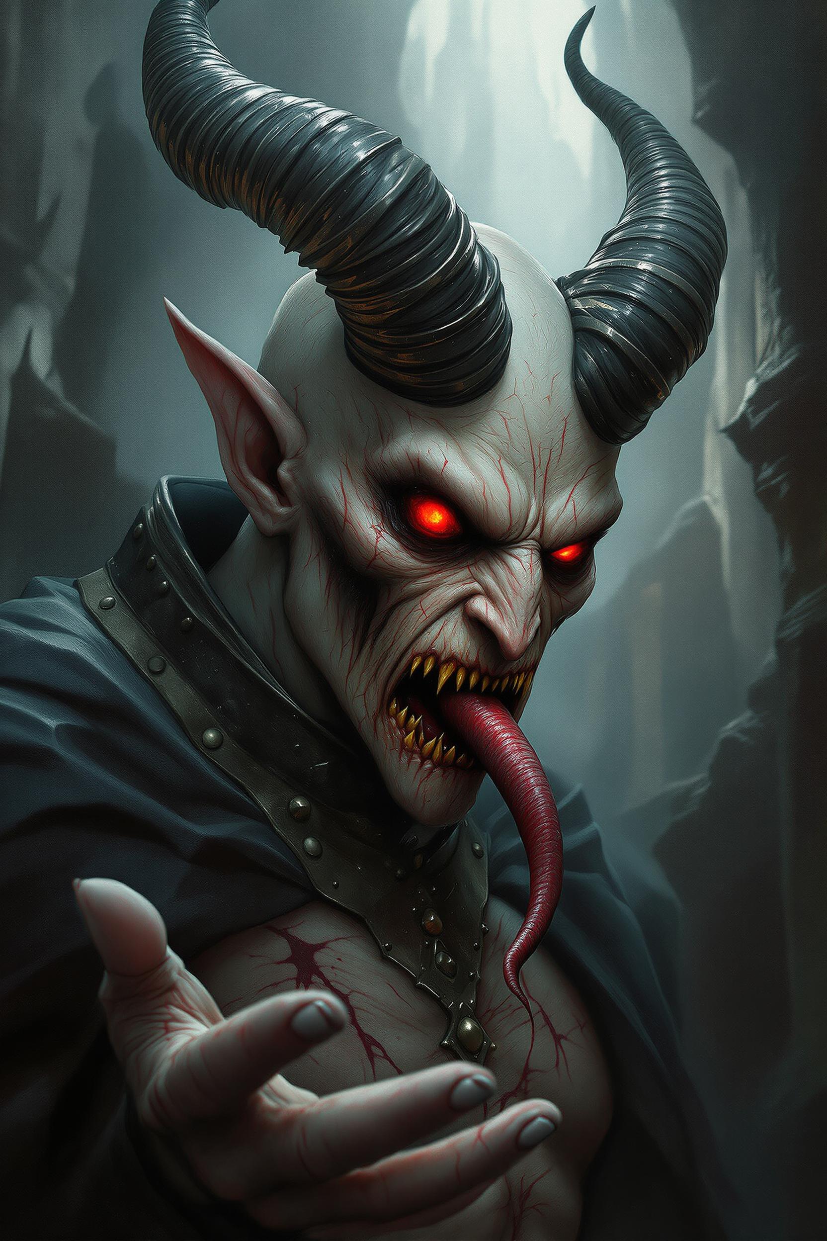 oil painting:figure of a demon with a slightly protruding-snake and red tongue -in the style of dark fantasy,painted digitally.His pale, wrinkled skin is covered with traces of a difficult past, and red, bloodshot eyes beat with a sinister glow.Sharp-pointed-black horns contrast with the magical-chiaroscuro.On the neck a metal collar with rivets.Hand outstretched.The background is ultraphotographic ruins of a Gothic cathedral,wrapped in fog and pale light-8k-glazuring.