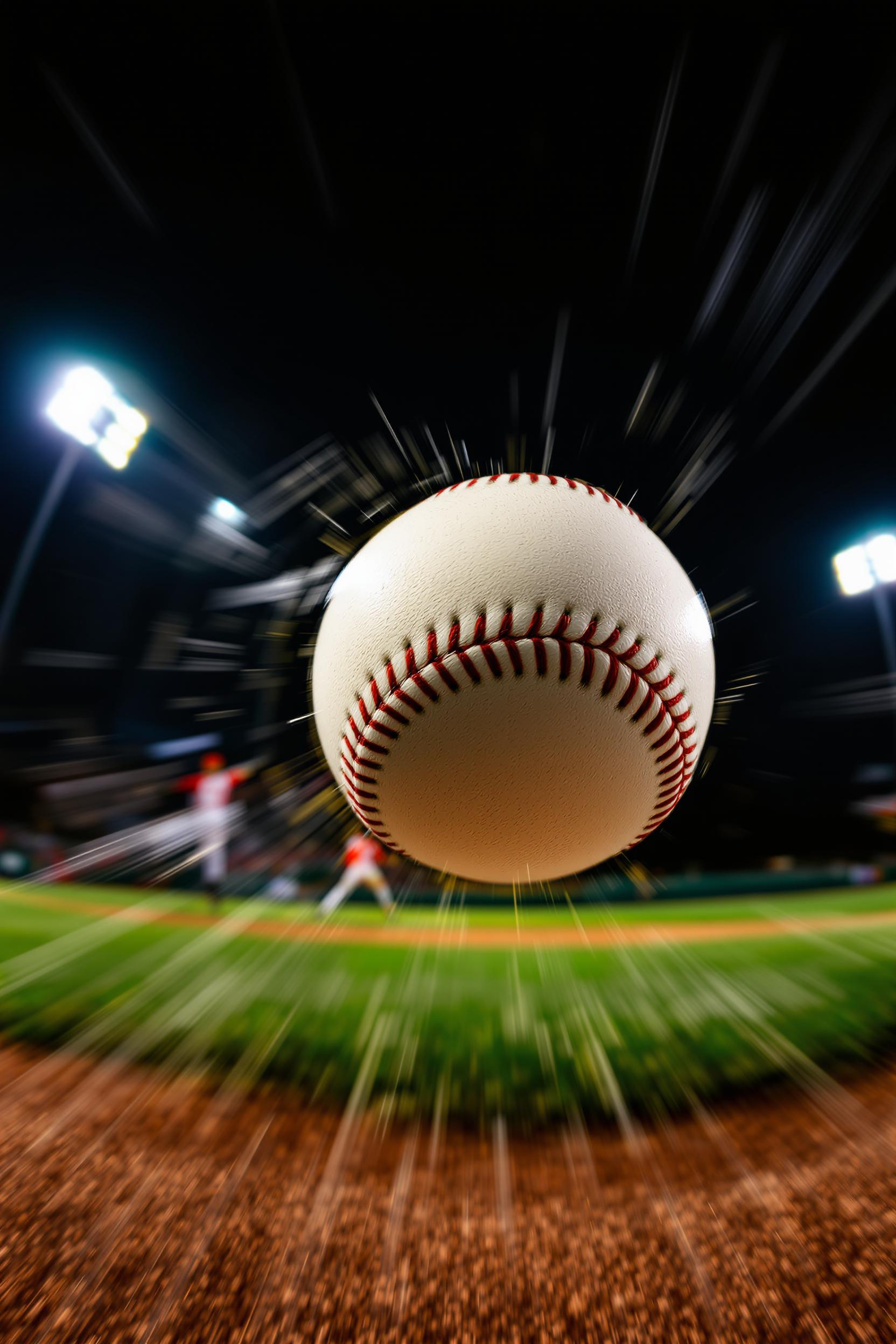 A dramatic close-up of a curveball soaring through the air, captured at the perfect moment as it spins with motion blur. The baseball, detailed with visible stitching, appears extremely close to the viewer, emphasizing its speed and rotation. In the background, a pitcher is seen from afar after releasing the ball, with a well-lit baseball field under towering stadium lamps. The night sky adds depth to the intense atmosphere of the ongoing game, highlighting the competitive energy of the moment.