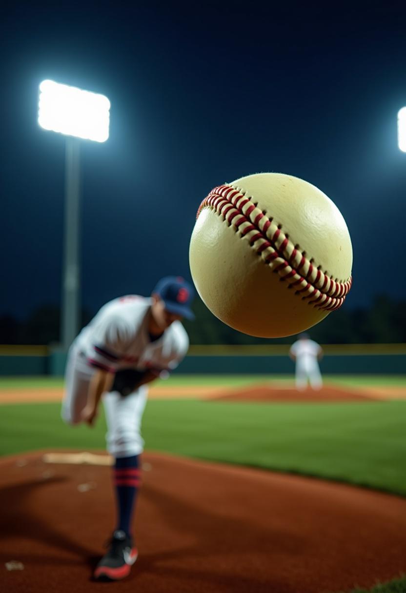 A dramatic close-up of a curveball soaring through the air, captured at the perfect moment as it spins with motion blur. The baseball, detailed with visible stitching, appears extremely close to the viewer, emphasizing its speed and rotation. In the background, a pitcher is seen from afar after releasing the ball, with a well-lit baseball field under towering stadium lamps. The night sky adds depth to the intense atmosphere of the ongoing game, highlighting the competitive energy of the moment.
