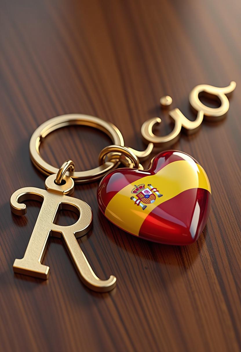 A 3D rendering of a modern glass keychain with the color of the Spanish flag and gold details. The keyring features the "R" on one side and a glass heart with the color of the Spanish flag on the other: just the flag, without the shield, symbolizing love and connection. The elegant design includes a brass plate and a gold plate with the name "ROCIO" in large, shiny cursive. The wooden surface has a mirror effect, giving it a sophisticated and timeless touch.