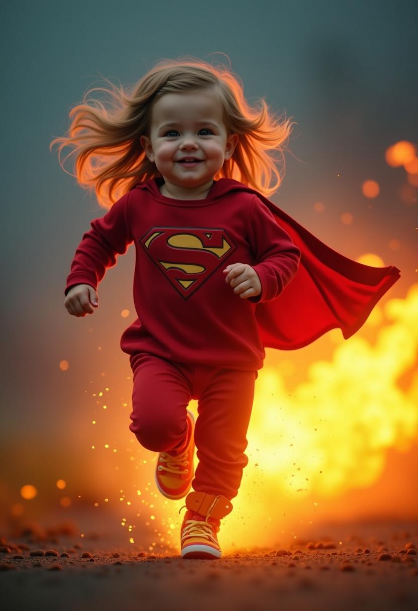 Adorable toddler running so fast there is a trail of flames behind her. Dark sky.Cinematic, intricately detailed, hyperdetailed, Maximalist, hyperealism, style of little superhero