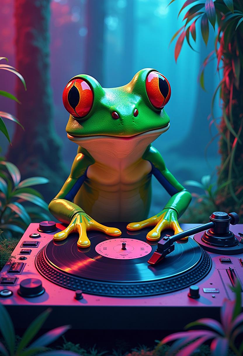 A neon-colored frog DJ with oversized caricatured features, spinning records that create transformational shifts in the environment, with each turntable producing alternate realities of swamp environments in a highly stylized, abstract manner