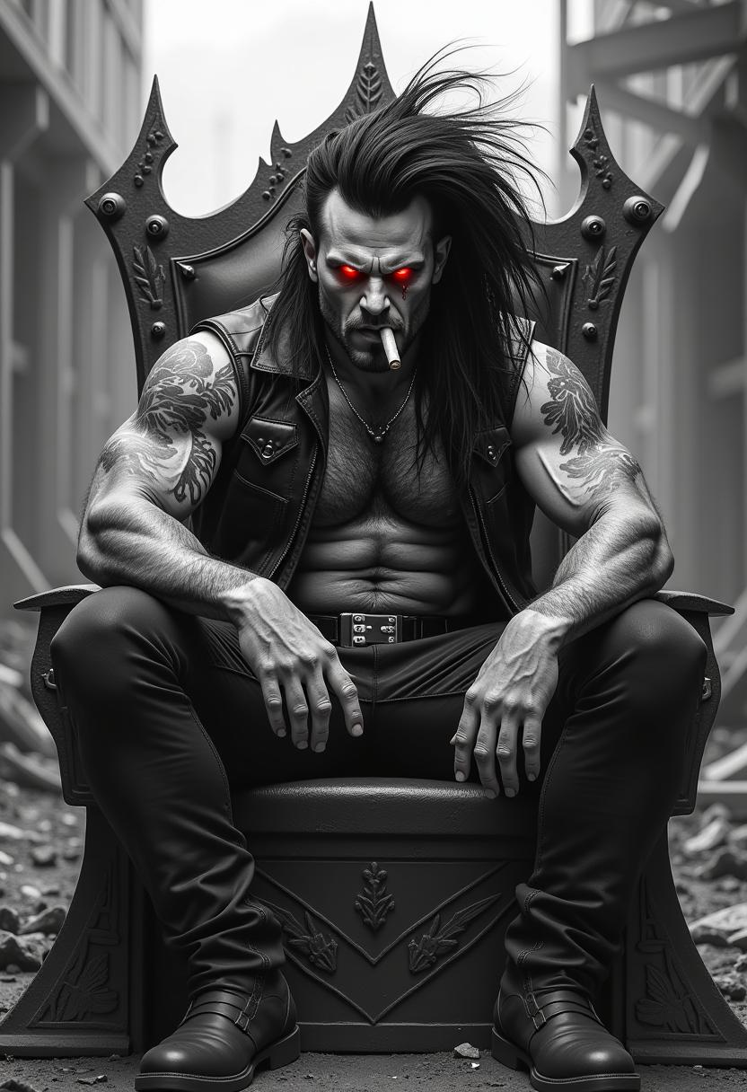 A black and white high contrast image of a dark and gritty cyberpunk-style warrior with glowing red eyes sits menacingly on a metal throne. His long, wild black hair flows behind him, and his scarred, battle-worn face is twisted into a fierce expression. He smokes a cigar, with smoke curling around his rugged features. His muscular, tattoo-covered torso is partially exposed beneath a spiked leather vest. The background is a dystopian, industrial wasteland with debris scattered around, reinforcing the character’s rebellious and chaotic energy.