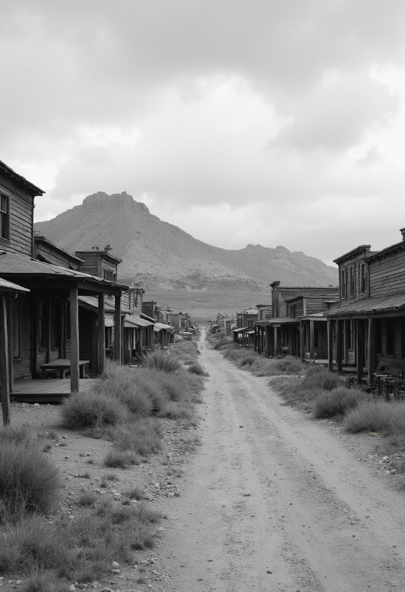 realistic photograph monochrome western arizona ghost town black and white, 1800's photo