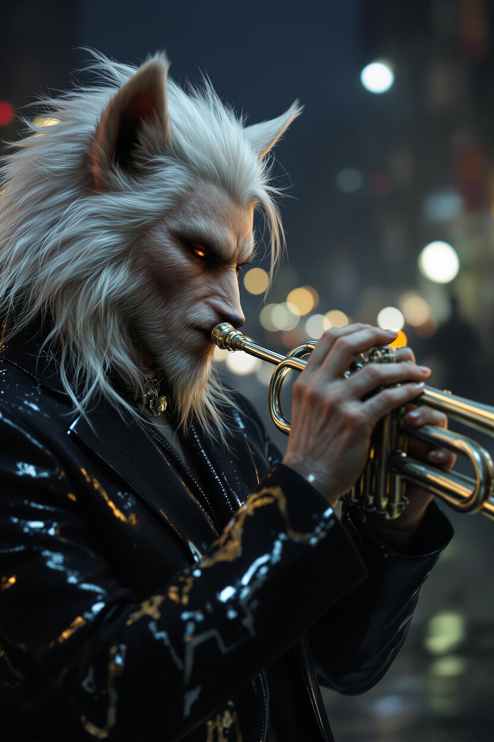 The silver-haired Wild Wolf played the trumpet attentively, his eyes slightly closed in ecstasy, his clawed fingers deftly pressing the keys. The metal tube reflects a soft luster, the silver-white hair glitters in the dim light, wearing a dark glossy suit, the city streets at night are hazy