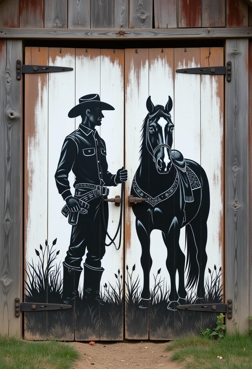 A classic cowboy and his horse are painted on the old wooden barn door. only black and white colors used for the painting