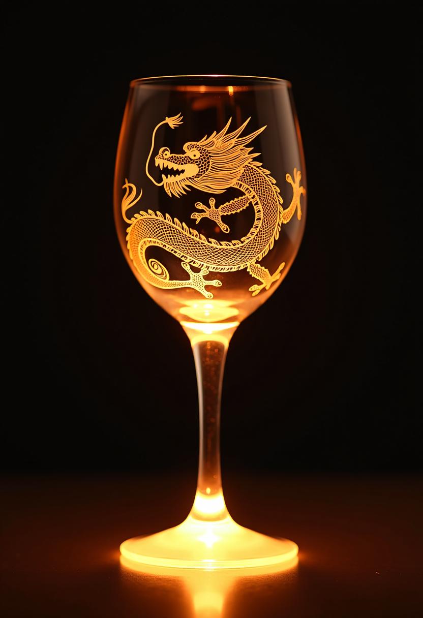 This image features a closeup of a wine glass showcasing an intricate and skillfully crafted dragon design. The dragon is depicted in a dynamic and somewhat menacing pose, with its mouth open as if roaring or breathing fire, and its tail coiled around its body. The dragons scales are finely detailed, with a realistic texture that gives the glass a threedimensional appearance.The medium used to create the dragon design is not immediately apparent, but it appears to be a form of etching or engraving, as the lines are sharp and precise. The glass itself seems to be made of a clear or lightly tinted material, allowing the light to pass through and highlight the dragons silhouette and the fine lines of the scales.The colors in the image are primarily warm and golden, with the dragon appearing to be a shade of amber or gold. The background is dark, which serves to accentuate the luminosity and glow of the dragon design. The light source seems to be coming from below the glass, as indicated by the bright halo effect around the base of the stem and the subtle glow emanating from the dragons body.The objects in the image are limited to the wine glass and the dragon design. The wine glass itself is not the focus of the image, but serves as a canvas for the dragons image. The glass is placed on a flat surface, and the lighting casts a reflection on the glass, which adds depth and dimension to the overall composition.The art style in the image is reminiscent of traditional East Asian dragon motifs, with a focus on the dragons form and the intricate details of its scales and claws. The style is somewhat stylized, with exaggerated features that give the dragon a mythical and powerful presence. The overall effect is one of elegance and mystique, with the dragon appearing both fierce and majestic.