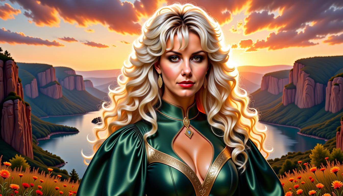 FH-LoRA-12, FantasyWomanLoRa, In an **oil painting style**, create an **upper portrait** of **Power Girl**, a comic character known for her strength and charisma. She boasts **long, wavy white-blonde hair** with **bangs** framing her **beautiful, expressive face**. Her **radiant aura** illuminates her features, capturing attention. She's dressed in a **stunning green and gold hero costume** with a **choker-style collar**, her gaze fixed directly on the viewer, exuding confidence and allure.

**Background**: The scene is set against a **breathtaking landscape** with **cliffs** and a **lake** during **sunrise**, rendered in **4K HDR ultra-realistic detail**. The **sunrise** casts warm, vibrant colors across the sky, while the **landscape** remains **in perfect focus**, showcasing every detail with **no blurring**. This creates a **slightly gloomy yet magical atmosphere** with a touch of **fantasy**.

**Composition**: Power Girl is positioned centrally, her figure dominating the foreground, while the **vivid landscape** frames her, extending to the edges of the canvas. The **camera angle** is slightly below eye level, enhancing her heroic stature.

**Mood and Atmosphere**: The overall feeling is **dreamy** and **magical**, with an **aura of fantasy** enhanced by **vibrant colors** and **captivating light effects**. The scene combines **magic** and **fantasy elements** with a **2D cute design** and **sticker art** influence, adding a **wow effect** to the image.

**Technical Aspects**: Utilize **oil painting techniques** to capture the **texture of her hair**, the **gleam of her costume**, and the **intricate details** of the landscape. The **lighting** should reflect the **sunrise**, casting **long shadows** and **highlighting** the **facial features** of Power Girl. The **art style** should blend **graphic line art** with **realistic rendering**, creating a unique visual experience.