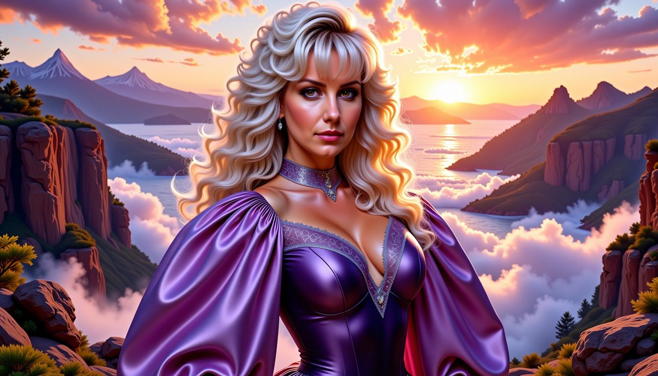 FH-LoRA-12, FantasyWomanLoRa, In an **oil painting style**, create an **upper portrait** of **Power Girl**, a comic character known for her strength and charisma. She boasts **long, wavy white-blonde hair** with **bangs** framing her **beautiful, expressive face**. Her **radiant aura** illuminates her features, capturing attention. She's dressed in a **stunning dark lavender and silver hero costume** with a **choker-style collar**, her gaze fixed directly on the viewer, exuding confidence and allure.

**Background**: The scene is set against a **breathtaking landscape** with **rocks** and a **river** during **sunset**, rendered in **4K HDR ultra-realistic detail**. The **sunrise** casts warm, vibrant colors across the sky, while the **landscape** remains **in perfect focus**, showcasing every detail with **no blurring**. This creates a **slightly gloomy yet magical atmosphere** with a touch of **fantasy**.

**Composition**: Power Girl is positioned centrally, her figure dominating the foreground, while the **vivid landscape** frames her, extending to the edges of the canvas. The **camera angle** is slightly below eye level, enhancing her heroic stature.

**Mood and Atmosphere**: The overall feeling is **dreamy** and **magical**, with an **aura of fantasy** enhanced by **vibrant colors** and **captivating light effects**. The scene combines **magic** and **fantasy elements** with a **2D cute design** and **sticker art** influence, adding a **wow effect** to the image.

**Technical Aspects**: Utilize **oil painting techniques** to capture the **texture of her hair**, the **gleam of her costume**, and the **intricate details** of the landscape. The **lighting** should reflect the **sunrise**, casting **long shadows** and **highlighting** the **facial features** of Power Girl. The **art style** should blend **graphic line art** with **realistic rendering**, creating a unique visual experience.