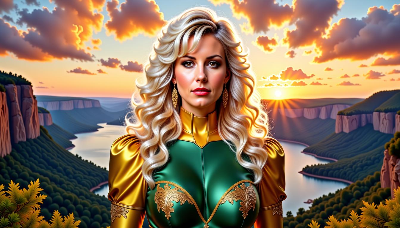 FH-LoRA-12, FantasyWomanLoRa, In an **oil painting style**, create an **upper portrait** of **Power Girl**, a comic character known for her strength and charisma. She boasts **long, wavy white-blonde hair** with **bangs** framing her **beautiful, expressive face**. Her **radiant aura** illuminates her features, capturing attention. She's dressed in a **stunning green and gold hero costume** with a **choker-style collar**, her gaze fixed directly on the viewer, exuding confidence and allure.

**Background**: The scene is set against a **breathtaking landscape** with **cliffs** and a **lake** during **sunrise**, rendered in **4K HDR ultra-realistic detail**. The **sunrise** casts warm, vibrant colors across the sky, while the **landscape** remains **in perfect focus**, showcasing every detail with **no blurring**. This creates a **slightly gloomy yet magical atmosphere** with a touch of **fantasy**.

**Composition**: Power Girl is positioned centrally, her figure dominating the foreground, while the **vivid landscape** frames her, extending to the edges of the canvas. The **camera angle** is slightly below eye level, enhancing her heroic stature.

**Mood and Atmosphere**: The overall feeling is **dreamy** and **magical**, with an **aura of fantasy** enhanced by **vibrant colors** and **captivating light effects**. The scene combines **magic** and **fantasy elements** with a **2D cute design** and **sticker art** influence, adding a **wow effect** to the image.

**Technical Aspects**: Utilize **oil painting techniques** to capture the **texture of her hair**, the **gleam of her costume**, and the **intricate details** of the landscape. The **lighting** should reflect the **sunrise**, casting **long shadows** and **highlighting** the **facial features** of Power Girl. The **art style** should blend **graphic line art** with **realistic rendering**, creating a unique visual experience.