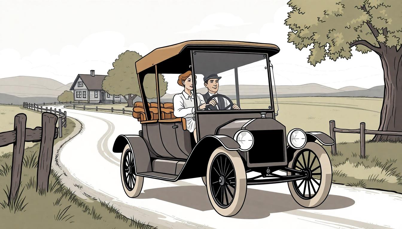a 1920's cartoon image in the style of steamboat willie, a man and a woman sitting in a Ford Model T car driving on a country road
