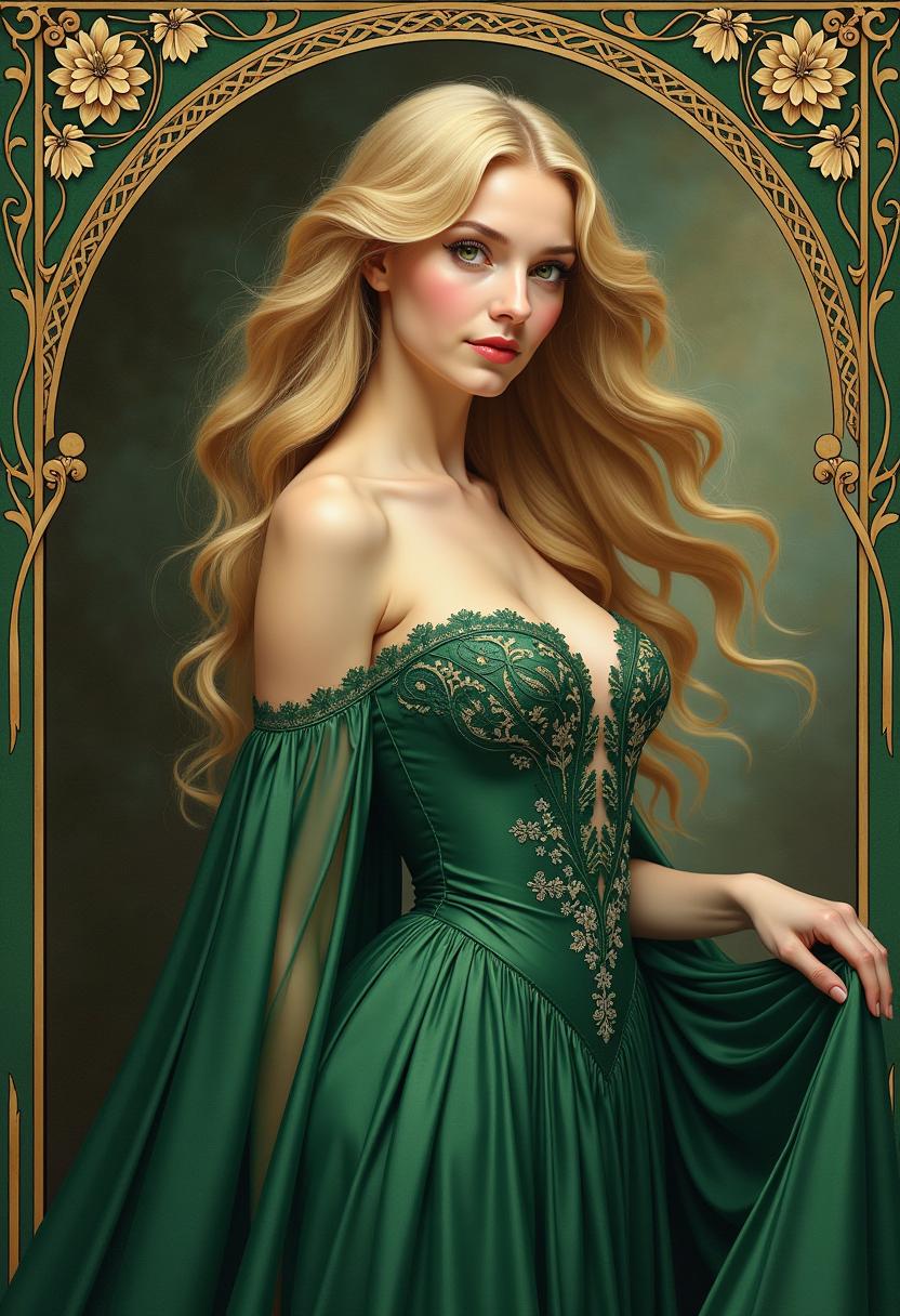 In the style of Alphonse Mucha, paint a stunning portrait of a captivating 20-year-old woman exuding an air of elegance and allure. Her blonde hair is styled in intricate, flowing locks, framing her delicate features. She wears a **flowing green gown** with delicate lace and floral patterns, emphasizing her youthful beauty and sophistication. The gown's fabric should shimmer subtly, reflecting the light in a way that enhances her figure.

**Visual Details:**
- The gown's color is a deep, rich dark green, creating a striking contrast with her fair skin and the lighter tones of the background.
- Her eyes should sparkle with a hint of mystery, perhaps in a shade that complements the gown, like a soft sapphire blue or a deep emerald green.
- The texture of her skin should be smooth and luminous, with a slight blush on her cheeks to add to her natural beauty.

**Composition:**
- Position her in a three-quarter view, slightly turned towards the viewer, allowing the gown to cascade around her, creating dynamic lines that lead the eye.
- She is set against a **intricately curved frame** that mimics the decorative borders typical in Mucha's work, with intricate Art Nouveau patterns and motifs like flowers, vines, and peacock feathers.

**Lighting and Atmosphere:**
- Use soft, diffused lighting to give the painting a dreamlike quality, with the light source subtly highlighting her features and the gown's contours.
- The background should transition from darker shades to lighter, creating depth and placing the focus on her.

**Mood:**
- The overall mood should be one of serene beauty and timeless charm, capturing the essence of Mucha's romanticism with an undercurrent of sensuality.

**Technical Aspects:**
- Employ Mucha's signature techniques like delicate line work, pastel colors, and intricate detailing in both the gown and background patterns.
- Use a shallow depth of field to keep the focus on her, with the background elements slightly blurred yet still visible, creating a harmonious blend of foreground and background.