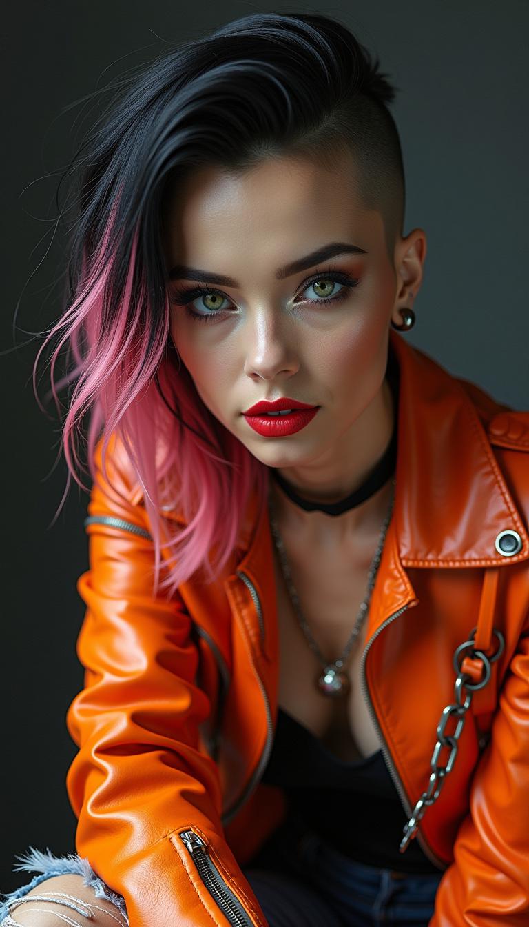 Ultra-high resolution ultra focused (64k) black and white portrait . A strikingly beautiful woman with modern-styled punk black and pink streaked hair ,shaved on one side.She has large, vivid, highly detailed( must be) green eyes and glossy red lips. She wears a glossy orange leather jacket adorned with chains and torn jeans. The scene is illuminated with dramatic white volumetric lighting, creating depth and a cinematic, high-contrast atmosphere.xoom out for full body image view.