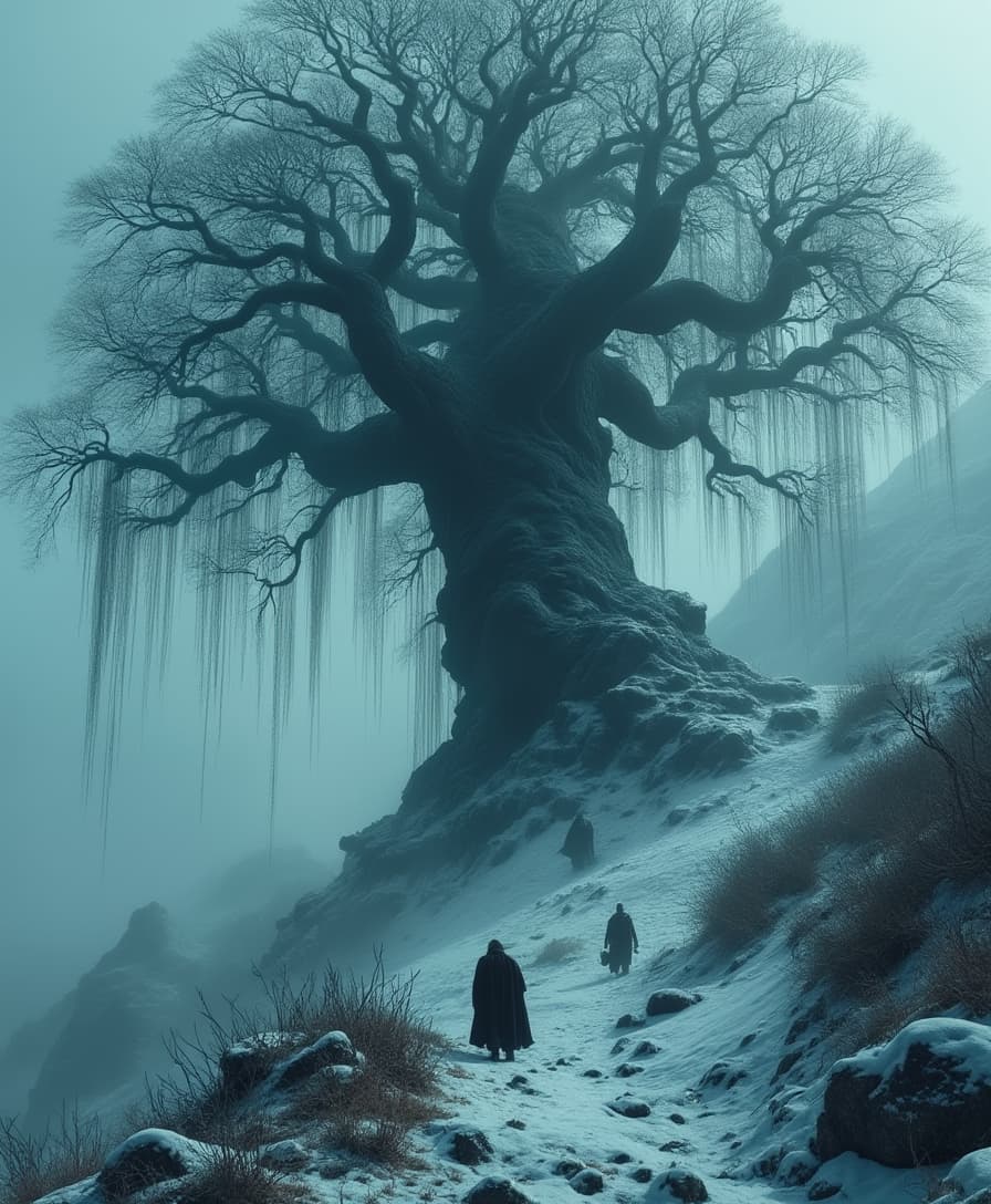 Epic cinematic scene of a massive weeping willow tree in the frozen north, twisted and dark with magical energy. The tree dominates the landscape with intricate details, its branches entwined with nature yet emanating dark magic. In the foreground, a hero stands with his back to the viewer, having just emerged from a mountain range, gazing at the witch tree. Below him, his troops are still climbing the mountain path. The frozen wilderness surrounds everything, captured in a dramatic film-like composition with atmospheric lighting.