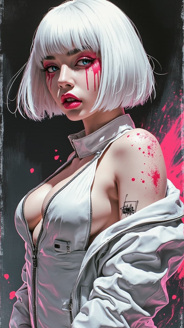 A highly detailed comic book illustration of an extremely curvaceous character portrayed by a young Jisoo from BlackPink with pale skin white hair blue eyes and an edgy scene kid aesthetic with lots of white leather and splashes of pink in an art style inspired by Frank Miller and Conan the Barbarian. Her white hair is worn in an a-line bob with bangs, and she has an expression somewhere between defiant and alluring. Her eyes are piercing and her lips are curled into a devilish smirk. The character's attire gives her a flashy, rebellious appearance that matches the dark, moody atmosphere of the image. The background is awash in brushstrokes in shades of concrete grey, further emphasizing the character's edgy, punk-inspired persona. The overall color palette is predominantly dark, with hints of white and pink that add to the sense of drama and intensity. The level of detail and the emotive, expressive quality of the character's face create a compelling, almost cinematic portrait of a complex, multifaceted individual. The image evokes a sense of strength, defiance, and an unwillingness to conform in contrast with her alluring devilish smirk, making the subject a visually striking and captivating figure. Trending on Art Station. Standing in a dynamic action pose.